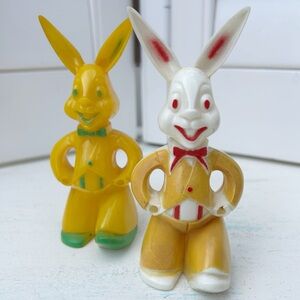 Vintage Hard Plastic Rosen Yellow White Easter Bunny Rabbit Set Of 2